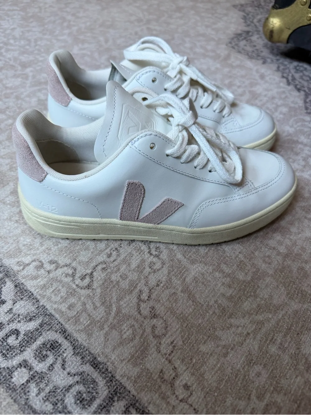 Veja V-12 White Leather Sneakers with Blush Suede Accents